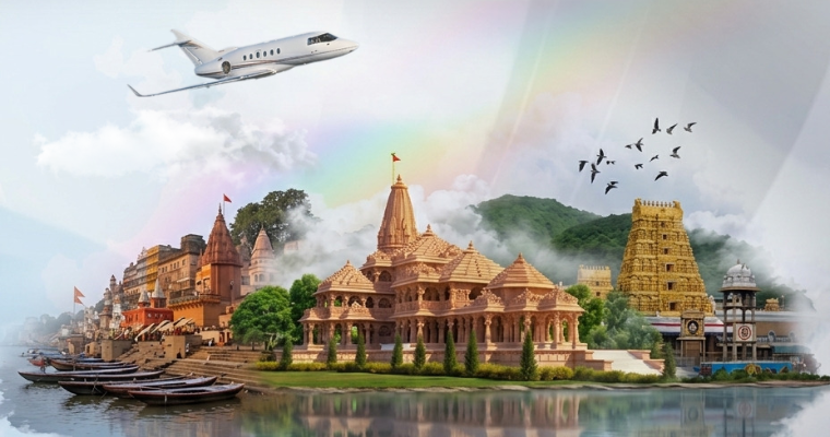 Private air charter flying over India’s iconic pilgrimage temples and spiritual destinations.