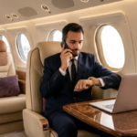 Business executive checking his watch while on a phone call and working on a laptop inside a private jet cabin