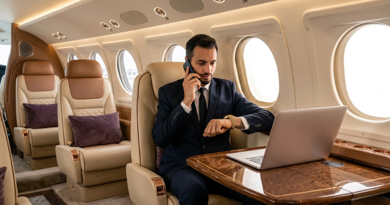 Business executive checking his watch while on a phone call and working on a laptop inside a private jet cabin