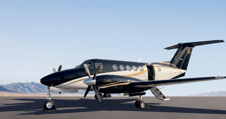 Beechcraft King Air B200 turboprop on an airport ramp at dusk, with close-up views of the nose and a twilight side view